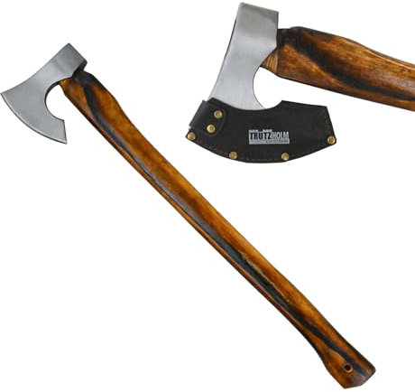TRUTZHOLM B-Ware Axt Vintage aus C45 Stahl Griff aus Hickoryholz geflammt Freizeitbeil zum Spalten von Holz, Entasten von Bäumen mit Klingenschutz aus Leder (Axt 700 mm)