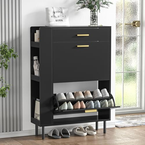 Yvsevnr Wooden Shoe Storage Cabinet with 2 Flip Drawers and 3 Open Shelf Narrow Storage Unit with Anti-Tip Design for 12-16 Pairs Shoes, Slim Shoe Rack for Hallway 75 x 24 x 105 cm