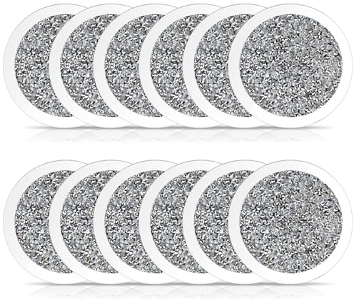 AKOLAFE Crystal Glass Coasters Set of 12 Diamond Filled Mirror Coasters 10X10cm Round Glitter Coaster Placemats Party Decoration Supplies, Silver