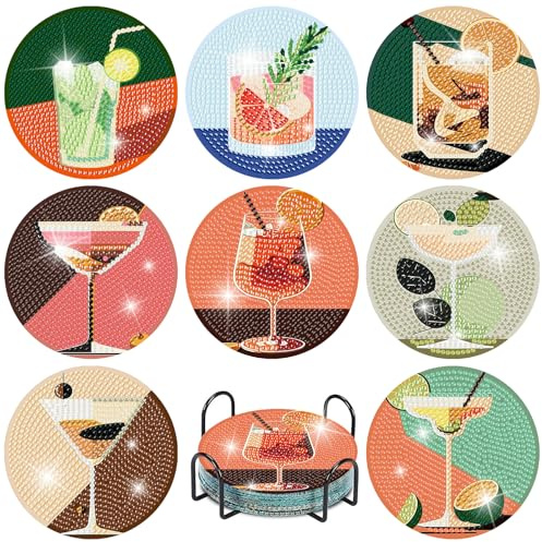BEAYIOU 8 Pcs 5D Diamond Painting Coasters Kits with Holder,Diamond Art Coasters Set for Drinks Coffee Table for Beginners Adults Decors (Cocktail)