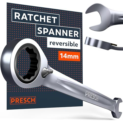 PRESCH Ratchet Spanner Reversible 14mm – Minimal Return Angle (4°, 90 Teeth) – 15° Offset for Tight Spaces – Precision-machined, Durable Ring Spanner - Metric Wrench