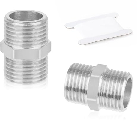 QZKJQDD 2 Pcs 1/2 Male to 1/2 Male, Thread Stainless Steel Hex Nipple Connector, Hex Nipple Pipe Fittings, Straight Pipe Hex Fitting G1/2 x G1/2 Connector for Pipe Connecting Conversion with Tape