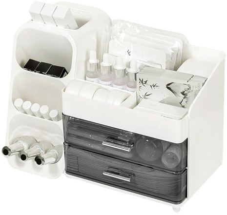 Radianeroryi Makeup Organizer con 2 Cajones, Fabricada en Plástico, Multifuncional Organizadores de Maquillaje, con Separadores, Ideal para Tocadores, Baños y Dormitorios