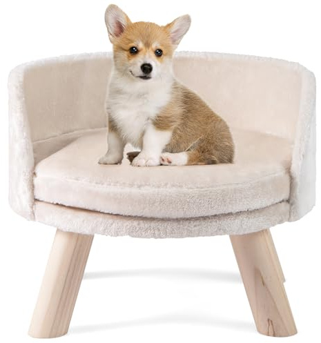 COSTWAY Canapé Lit pour Chien Chat Charge 30 kg, 4 Pieds en Bois de Pin, Coussin Amovible, Panier pour Chien Chat Petits, Dossier Haut, Installation Facile, 42 x 42 x 33 cm, Beige