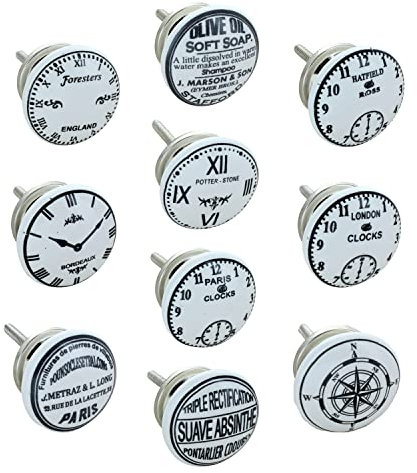 G Decor Lot de 10 boutons de porte en céramique, pour portes de placards, style bohème, finition vintage/vieillie, Motif temps