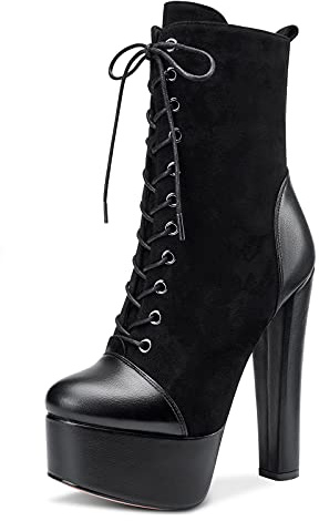 NobleOnly Donna Plateau Stivali alla Caviglia Cerniera Lacci Tacco a Blocco 15CM High Heels Boots Nero Scamosciato Scarpe EU 42