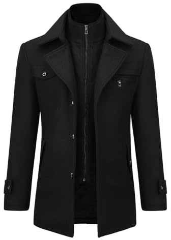 Allthemen Manteau Homme en Laine Chaud Court Epais Slim Fit Business Hiver Trench-Coat avec Un Col Accessoire Jacket Noir 2XL