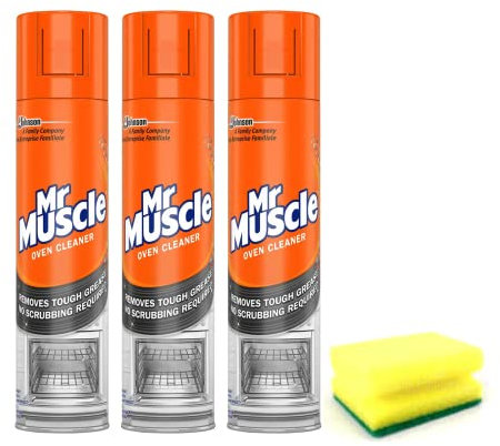 Mr Muscle Oven Cleaner Spray (3X 300 ML)- Oven BBQ Cleaner Degreaser- for Tough Grease, Grime With Degreaser Sponge (Pack of 3)