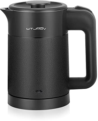 WTJMOV 0.6L Small Electric Tea Kettle Lightweight, 20 Ounce Double Wall Hot Water Boiler Stainless Steel Auto Shut-off, 120V Portable Travel Electric Kettle Fast Boil for Tea and Coffee, Black