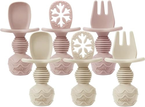 PandaEar 6er Set Baby Besteck Silikon - 4x Lernlöffel & 2x Gabel – Esslernbesteck ab 6 Monate für BLW Selbstfütterung – Weiche Zahnungshilfe & BPA-frei (Altrosa, Leinen)