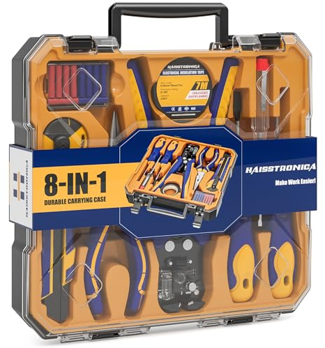 haisstronica 8 IN 1 Self-Adjusting Wire Stripper Household Tool Kit, Professional Electrician Tool Set, Needle Nose Pliers, Screwdriver, Voltage Detector Pen, Knife, Insulating Tape, Wire Connectors