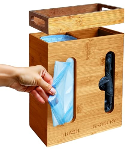 Under Sink Organizer for Kitchen Cabinet - Bamboo Trash Bag Dispenser & Bag Holder – Pantry Organizer & Garbage Roll Holder for Cleaning Supplies, Apartment Essentials & Home Organization