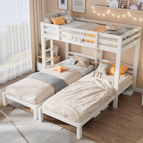 Rtopsu Kinderbett Etagenbett 90x200 cm, Bett mit Stauraum Regale und Leiter, Hochbett mit Rausfallschutz und Bettgestell für 3 Kinder, Dreierbett mit Lattenrost aus Holz, Weiß, Ohne Matratze