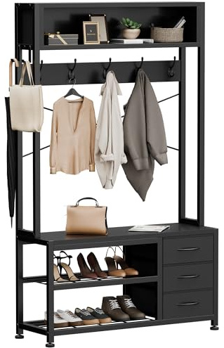 Buluri Garderobenständer mit Schuhablage, Garderobe mit Sitzbank, 12 Haken, 3 Schubladen und 1 Ablagefläche, Metallrahmen, 30 x 80 x 180 cm, für Flur Eingänge Schwarz