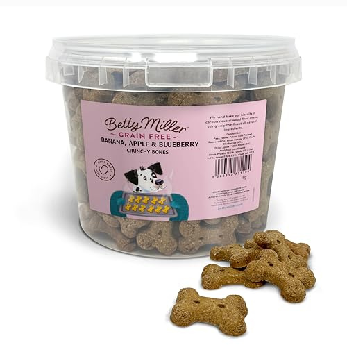 Betty Miller Grain Free Dog Treats - Banana, Apple & Blueberry Bones - 1kg Bulk Dog Treats - British Baked Dog Biscuits