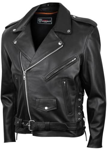 Vance Leather Mens Premium Cowhide Conceal Carry Insulated Liner and Side Laces Classic MC Motorcycle Biker Black Leather Jacket (Black, Large)