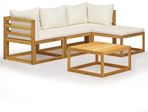 vidaXL Set Divani da Giardino 5 pz con Cuscini Modulare Elegante Tavolino Poggiapeidi Sofa Esterni Bianco Crema e Naturale Massello di Acacia