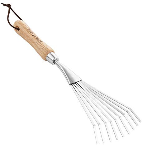 Berry&Bird Râteau à gazon à main en acier inoxydable 9 dents avec manche en bois ergonomique, petit râteau à main pour balayer et ramasser les feuilles dans le jardin, les pelouses et les cours