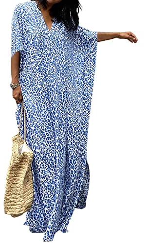 Bsubseach Leopard Print Beach Kaftan Dress for Women Caftan House Dress Swimsuit Cover Ups for Swimwear Blue