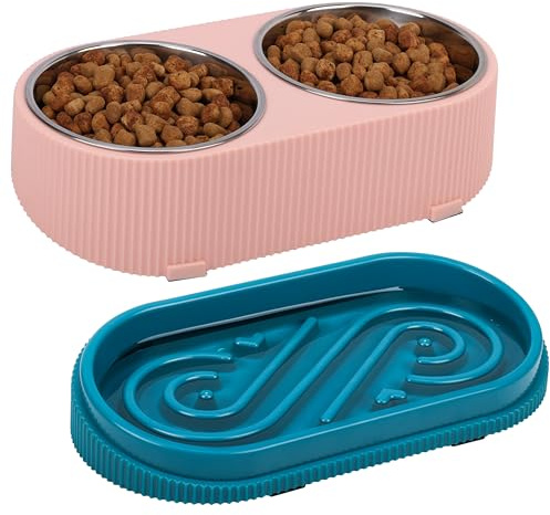 Belle Vous Bebedero y Comedero Elevado Perro y Gato Rosa - 2 x 350 ml Tazones Acero Inoxidable con 30.5 x 15 x 9 cm a Medio Soporte Elevado Antideslizante para Gatos Pequeños, Medianos Medio y Perros
