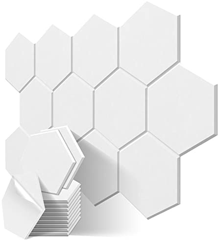 JBER 12 Pack Hexagon Acoustic Wall Panels Self-adhesive,30 X 26 X 1cm | Beveled Edge Sound Proof Foam Panels, High-Density Sound Absorbing Wall Panels For Acoustic Treatment,Home Office ,White