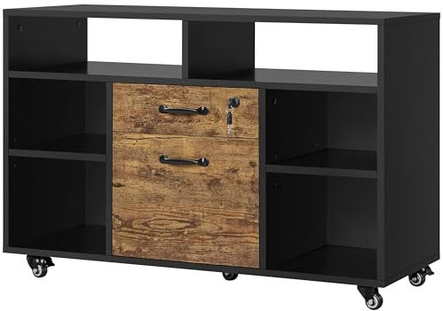 Yaheetech Aktenschrank Büroschrank mit 2 Schubladen & 6 offenen Ablagefächer Großer Rollcontainer mit Hängendem Aktenfach Vintagebraun-Schwarz