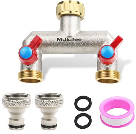 Mdlufee 3/4 Inch Brass Tap Splitter 2 Way Set,2 Quick Connector, Hose Tap Splitter Connection with 2 Individual Valves for Garden Kitchen Faucet,Washing Machine Hose Connector