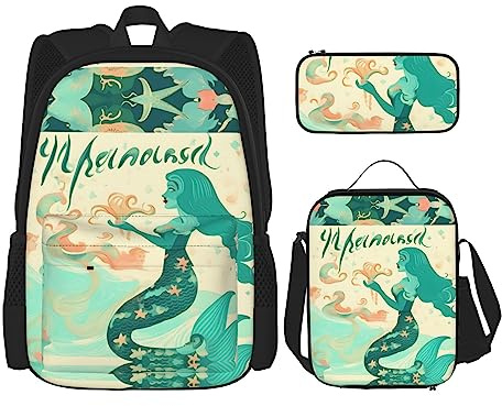 HJLUUFT Retro Mermaid 3PCS Backpack Set,Large School Bag with Lunch Box and Pencil Case,backpack set,Stylish and Practical