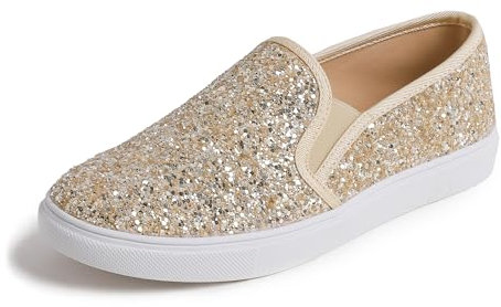 Feversole Women's Featured Glitter Slip On,Sdamen Schuhe Slip On Sneakers Freizeit Atmungsaktive Fitness Turnschuhe Plattform Air Leichte Outdoor Walking Schuhe Helles Gold glänzend 39 EU