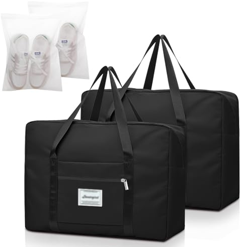 2 vikbar resväska, SHAIDOJIO bärbar lätt handbagage väska – 52 x 38 x 19 cm, vattentät resväska handbagage med 2 skodammpåsar, klinikväska födelse för fitness sport semester resor – svart