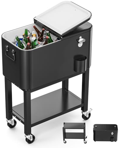 Bonnlo Carro de Servicio de 57L con Ruedas, Carro Auxiliar, Enfriador de Patio, Caja de Enfriamiento, Enfriador de Bebidas con Abrelatas, Ideal para Fiestas y BBQs, 35,5 X 66 X 81 cm, Negro