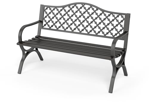 PHI VILLA Black Outdoor Garden Bench for Outdoors with Cast Iron Backrest and Sturdy Steel Frame 2-3 Seater Patio Bench for Porch Park and Yard