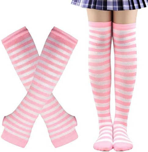ZPLASK 2Pcs Arm Warmers and 2Pcs Leg Warmers, Women Long Fingerless Arm Warmer, Versatile Pink Striped Long Knitted Gloves Socks Set with Finger Holes for Women Girls