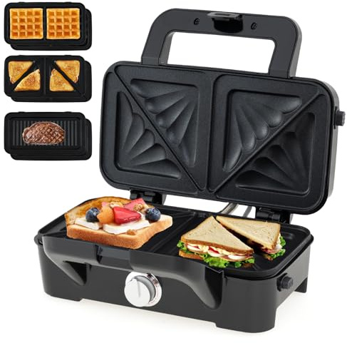 FANTASK Sandwich - Tostapane elettrico, 3 in 1, per waffle, per panini e tostapane per sandwich, con 6 piastre antiaderenti rimovibili e 5 regolazione della temperatura