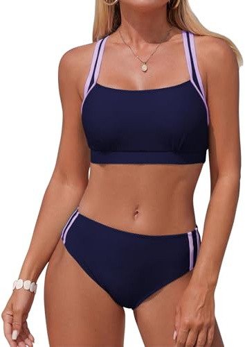Adigaber Tvådelad kostym dam medelhög midja enfärgad dam tvådelad bikini vadderad sport strandkläder, Marinblå, S