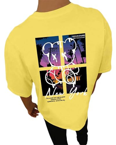 Tee Shirt Homme Oversize Manches Courtes Col Rond Sportwear avec Impression Cool Hip Hop Hauts Y2K Été Décontracté Streetwear Léger Coton Tshirt Long Top Coupe Large T-Shirts Basique Shirt Vêtements