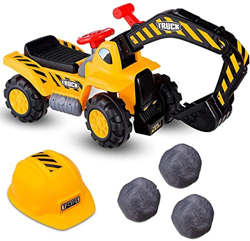 COSTWAY Excavadora Juguete de Niños con Asiento Ruedas y Casco Juego de rol Tractor Infantil con Pala con Cuerno y Caja de Almacenamineto