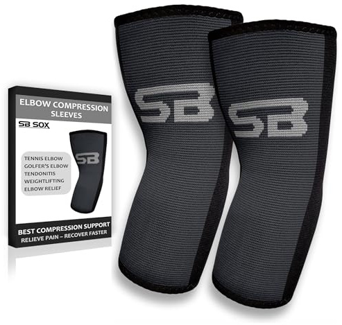 SB SOX Compression Elbow Brace (Pair) – Great Support That Stays in Place – for Tennis Elbow, Tendonitis, Arthritis, Golfers Elbow – Perfect for Weightlifting, Sports, Any Use (Black/Gray, Medium)