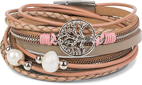 styleBREAKER Bracciale in Perle, Catena, Elementi Intrecciati e Ciondolo dell'albero della Vita, Chiusura Magnetica, Braccialetto da Polso, Donna 05040070, Colore:Antico Rosa - Rosa