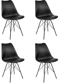 SAM 4er Set Schalenstuhl Lerche, schwarz, integriertes Kunstleder-Sitzkissen, Schwarze Metallfüße, Esszimmerstuhl im skandinavischen Stil