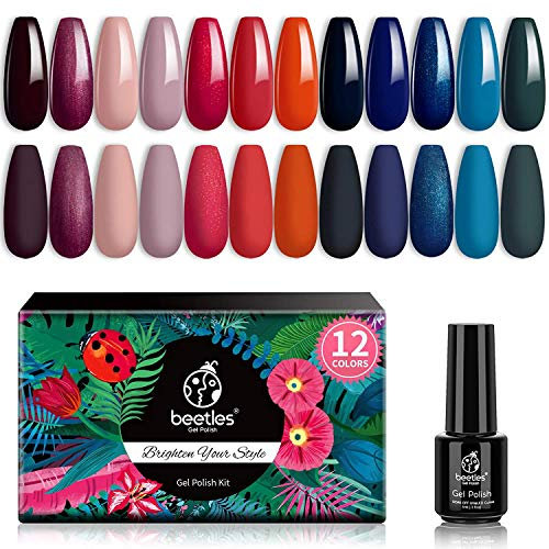 Beetles Gel Polish - 12 Pcs Gel Nail Polish Set - Flannel & Fleece Nude Pink Burgundy Red Glitter Gel Polish Kit - Orange Dark Blue Green Nail Art
