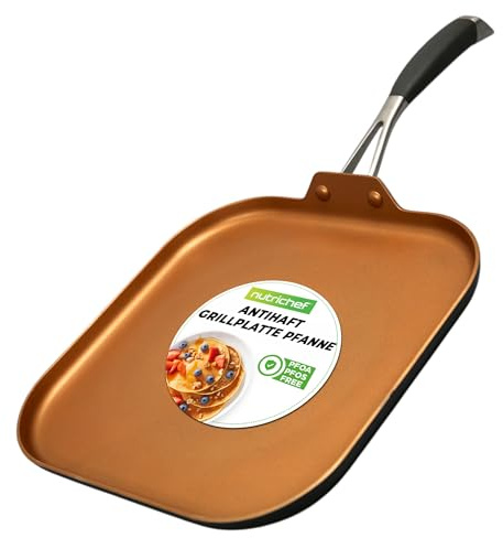 NutriChef Copper Pan Non-Stick Coating Inside, Hard-Anodized Look Heat Resistant Lacquer Outside, Silicone Handle NCSQPA, 1 Griddle
