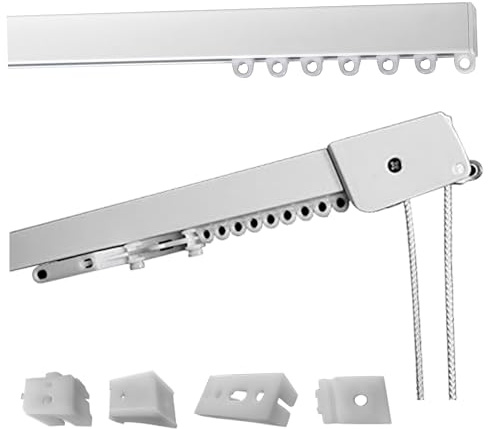 Riel de Techo Lineal de Aluminio Blanco Personalizable, Completo con Accesorios de Montaje, Movimiento con Cordón, Barra de Cortinas Deslizante para Techo o Pared (220CM MOVIMIENTO CON CUERDA