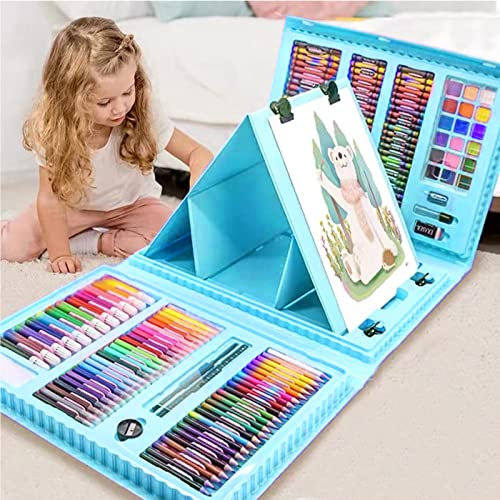 XDISHYN Lot de 208 fournitures artistiques, kit de dessin de marque pour enfants et adultes avec chevalet double face à trois volets, pastels à l'huile, crayons de couleur, garçons (bleu)