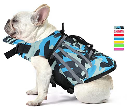 Dog Life Jacket, Wings Pet Life Vest for Swimming Boating Reflective Dog Flotation Swim Vest with Handle and Chin Float for Small Medium Large Size Dogs - Blue Camo, S