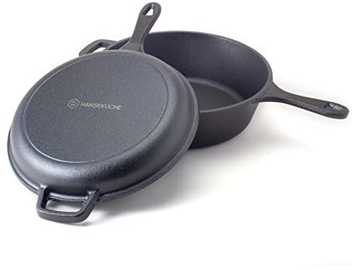 Hanseküche Pentola in ghisa 2 in 1 con coperchio per padella, di alta qualità con padella, Ø 26 cm, pentola già cotta per cucinare, cuocere il pane, arrostire o stufare