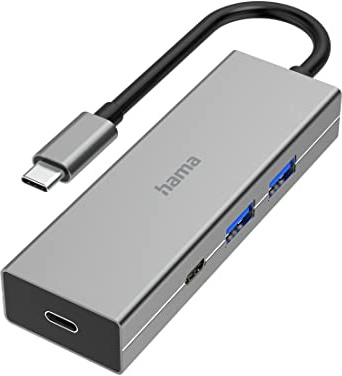 Hama USB-C Hub 4 Ports (2X USB-C, 2X USB-A, USB-C Docking Station Power Delivery, USB A Hub, USB Hub 3.2 Ladefunktion, Multiport 5Gbit/s, Thunderbolt 4 Hub, für MacBook, Laptop, PD Netzteil etc) grau