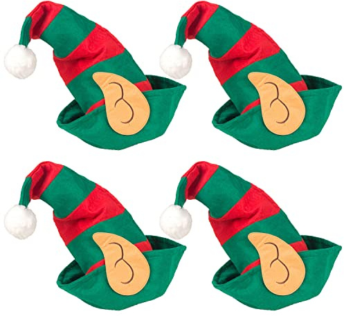 Zuzer 4PCS Gorros de Navidad Sombreros de Navidad Sombrero de Elfo Gorro de Papá Noel de Navidad de Santa,Gorro Navideño para Adultos y Niños Decoración de Disfraces de Navidad