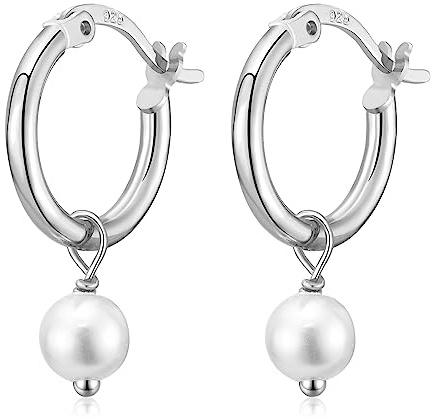Pearl Earrings Drop for Women, Sterling Silver Pearl Drop Hoop Dangle Earrings Hypoallergenic Round Pearl Hoop Earrings Wedding Jewellery Gifts for Ladies Girls