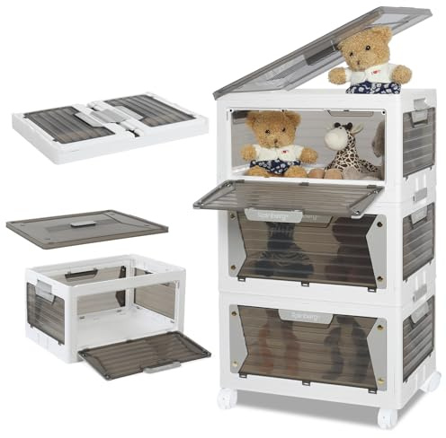 Rainberg Large Storage Boxes with Lids, Strong & Sturdy Plastic Storage Boxes, Stackable Nestable Container for Home & Office use. (White & Grey, 3 Tier 240L Storage)